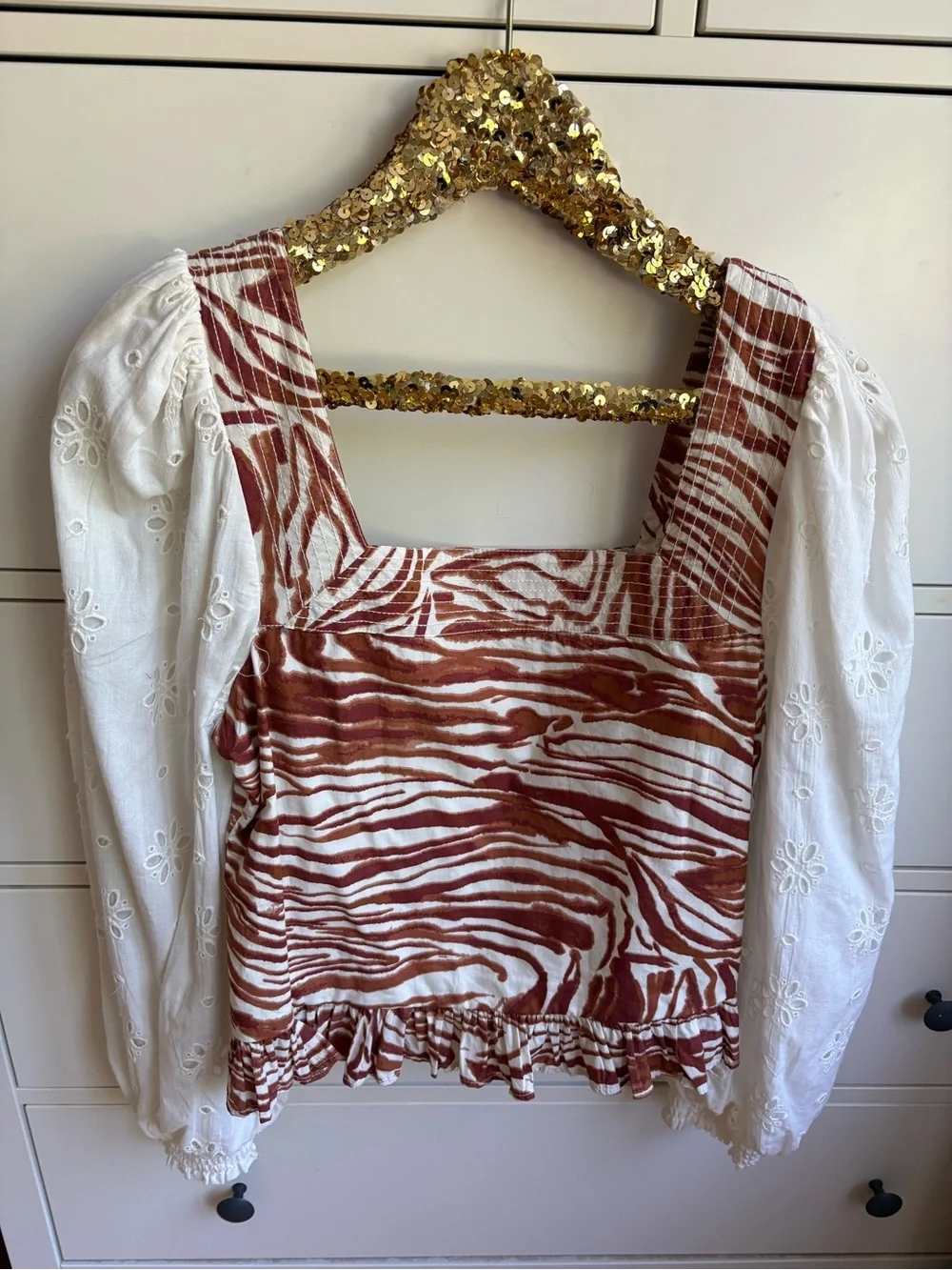 Love the Label Puff Eyelet Sleeve Zebra Print Blouse